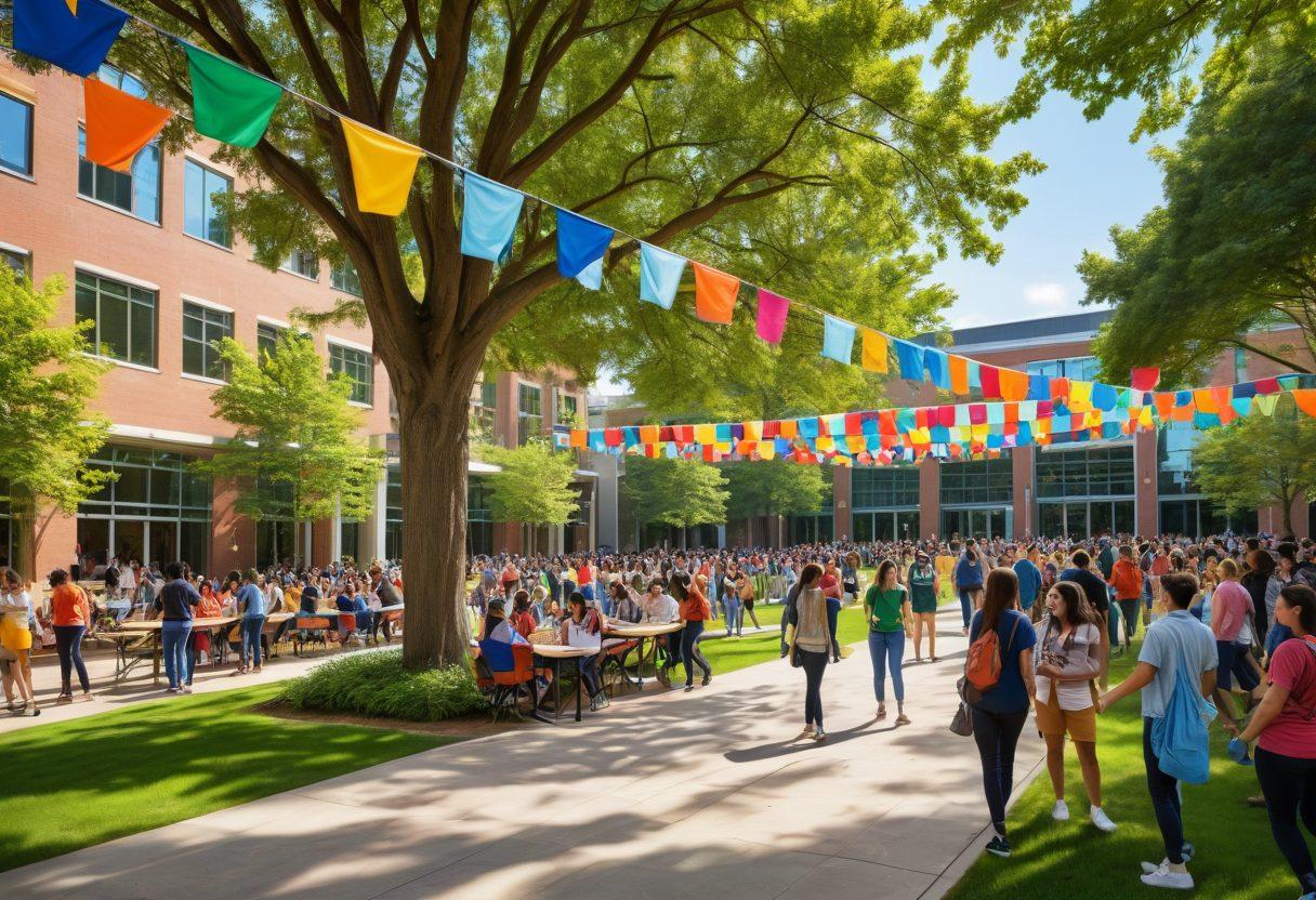 A bustling university campus scene showcasing a diverse group of students engaging in orientation activities, with banners for different clubs and programs. Include a backdrop of modern academic buildings and trees, highlighting academic success through students studying together. Capture the essence of teamwork and community spirit. Vibrant colors. super-realistic.