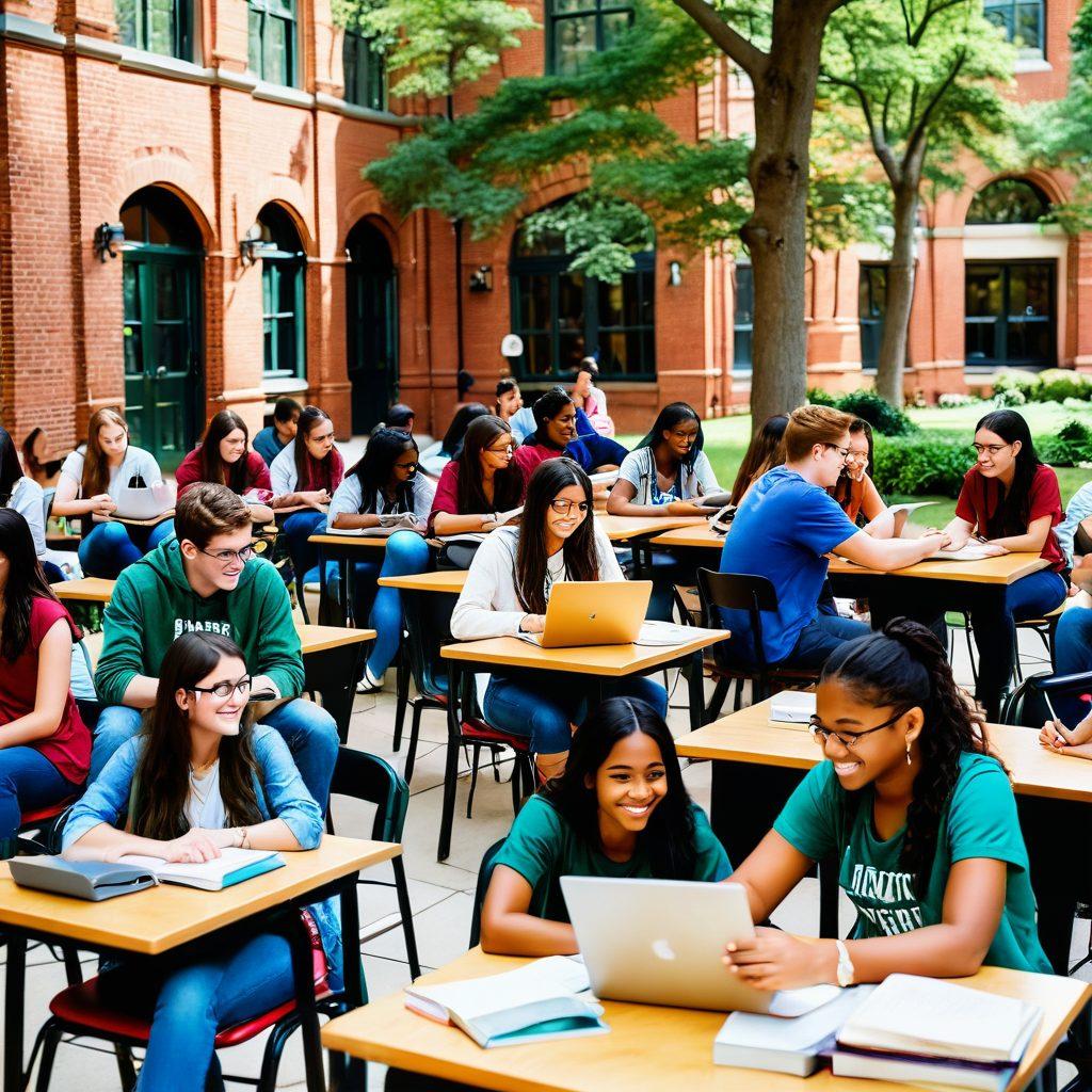 A collage depicting a diverse group of college freshmen engaged in various activities: studying in a cozy library, socializing at a campus event, and exploring the vibrant campus environment. Include elements like books, laptops, and backpacks to symbolize academic life, with a backdrop of green trees and red-brick buildings. The atmosphere should be lively and inspiring, evoking a sense of adventure and community. bright colors. super-realistic.