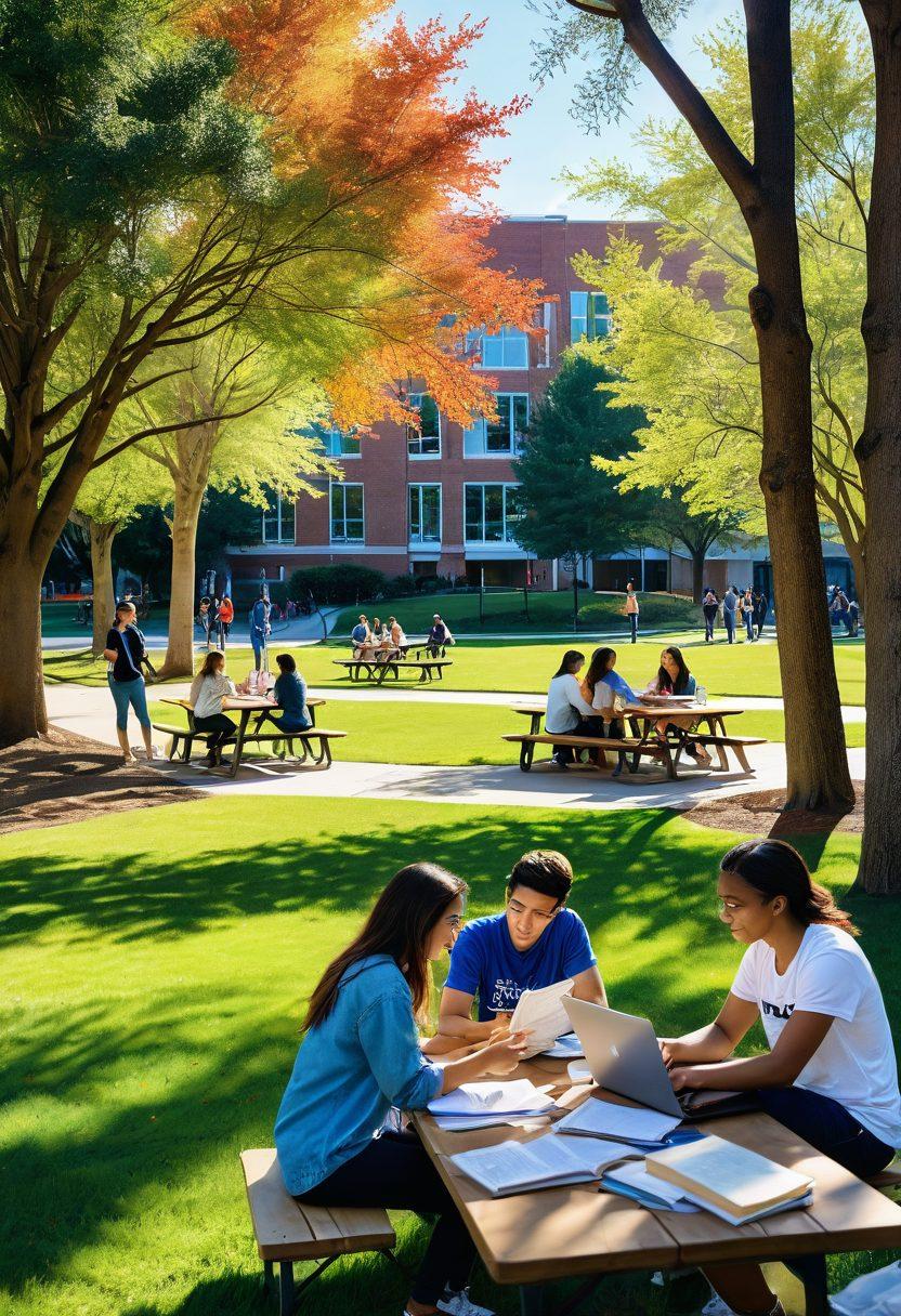 A vibrant college campus scene showcasing diverse first-year students engaged in studying outdoors, surrounded by books and laptops, with a warm sunlight casting dynamic shadows. Include elements like a coffee cart, a study group collaborating at a picnic table, and inspirational posters in the background. Emphasize a sense of community and excitement. watercolor style. bright colors. natural light.
